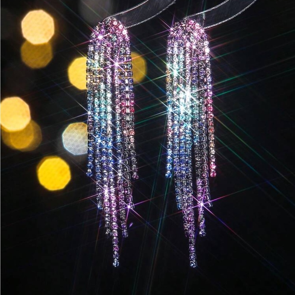 Multi-Color Rhinestone Tassel Earrings - Picture 2 of 4